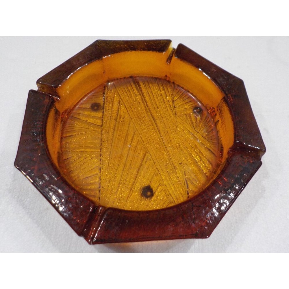 Vintage Blenko 10" Scandinavian Octagon 10" Heavy Amber Glass Ashtray Near 7 lbs